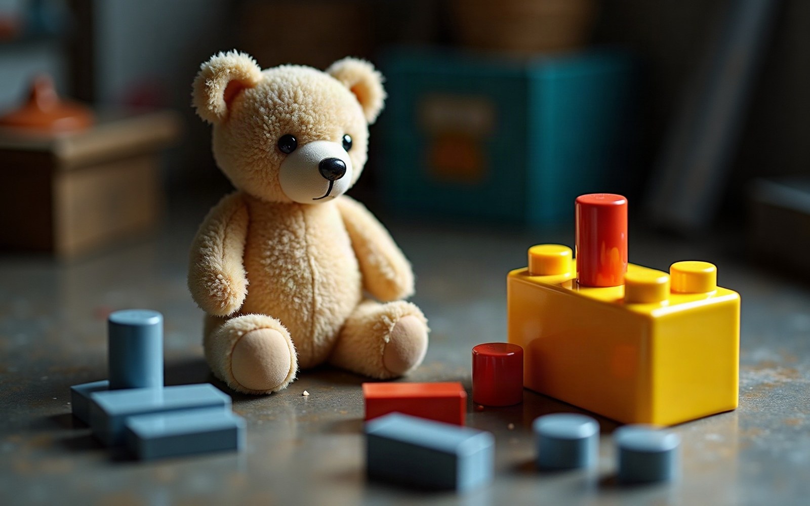 A plush teddy bear seated beside colorful plastic building blocks on a table