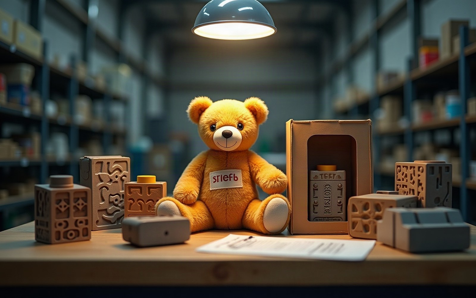 Yellow teddy bear sits on a table beside wooden puzzle blocks and a small-parts test cylinder in a warehouse