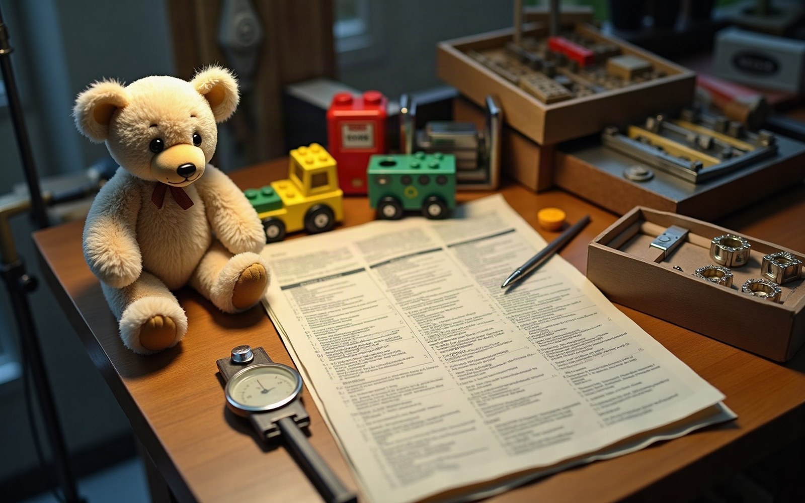 Teddy bear beside toy trucks, a checklist document, calipers and inspection tools on a workbench