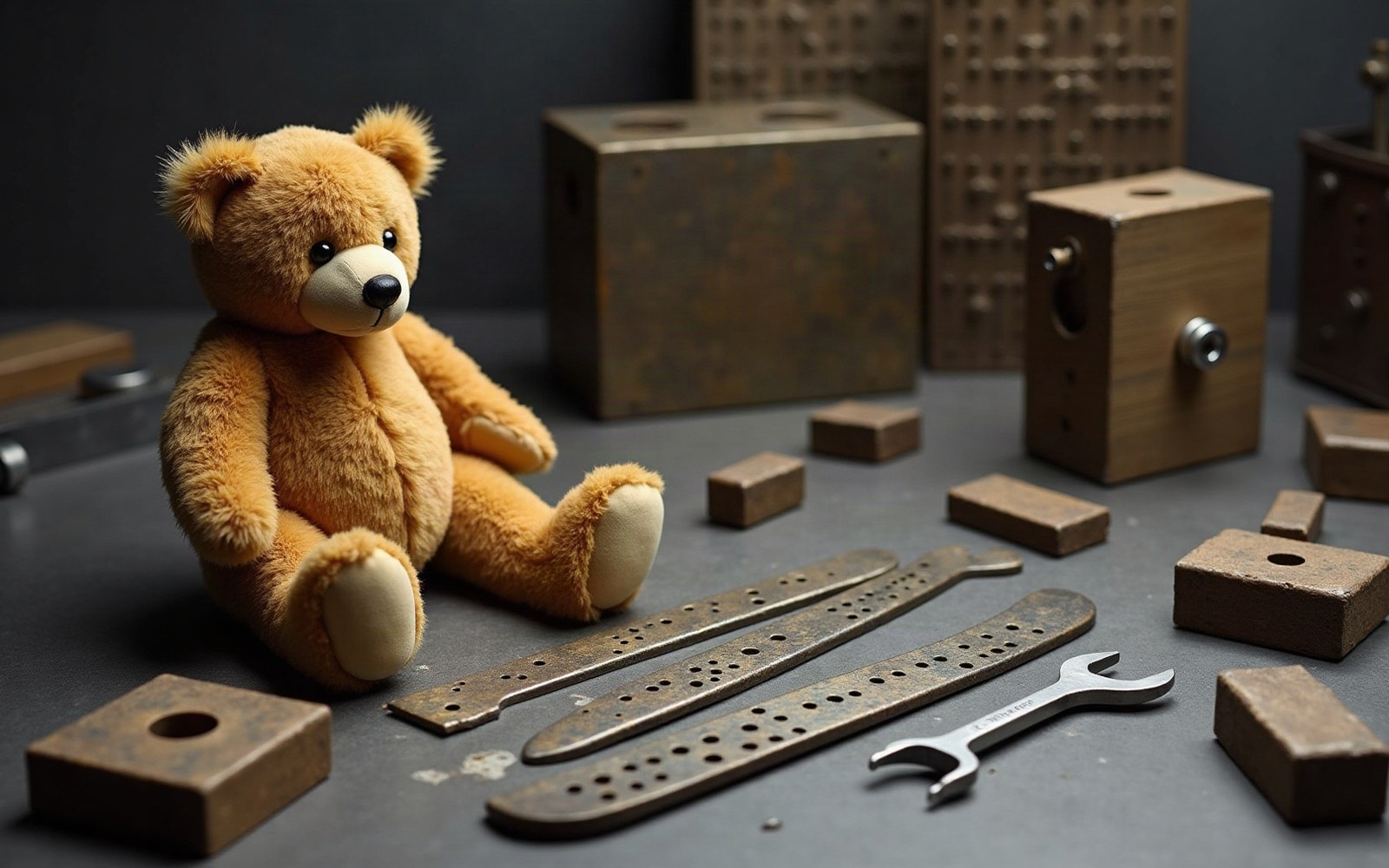 A teddy bear sits beside rusted metal strips, boxes, and a small wrench
