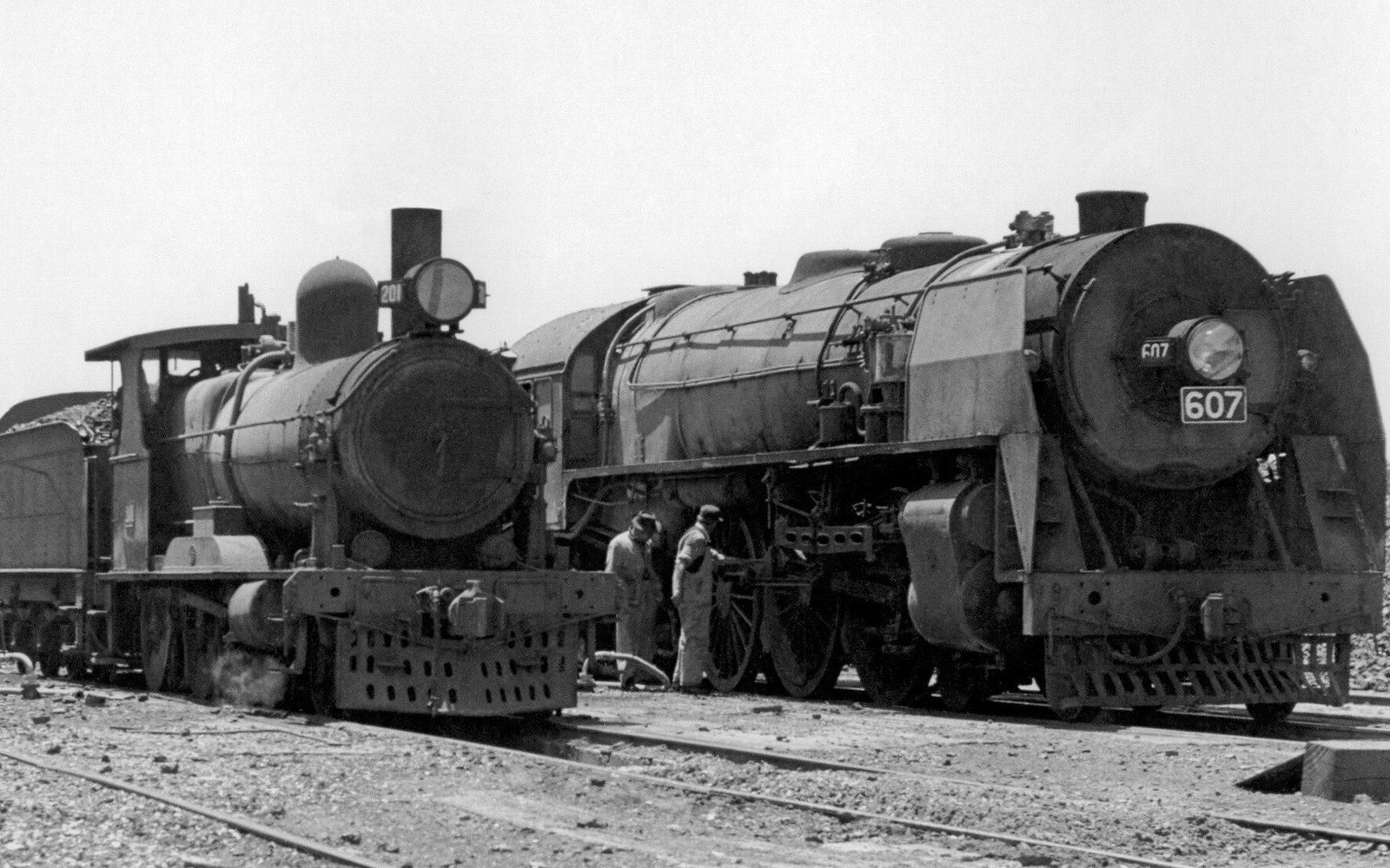 Two steam locomotives numbered 201 and 607 face each other at a railway depot