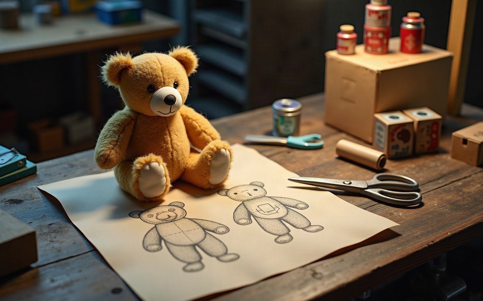 A stuffed teddy bear sits beside its sewing pattern on a wooden workbench