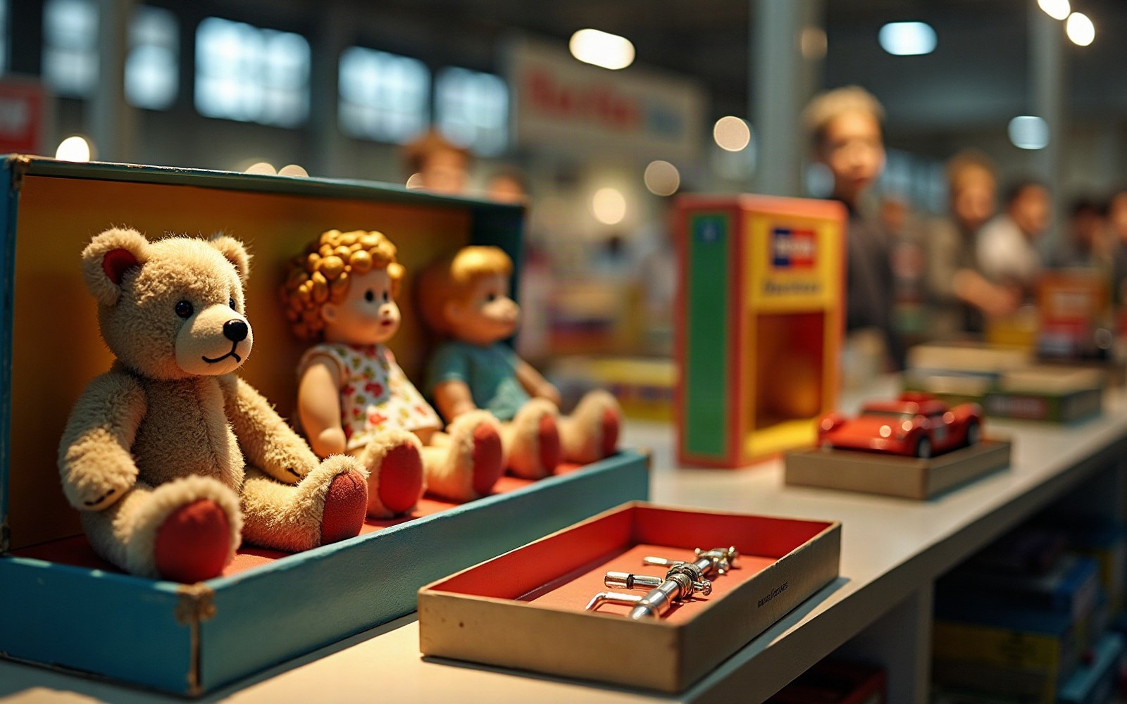 A teddy bear and vintage dolls displayed in a case at a toy fair