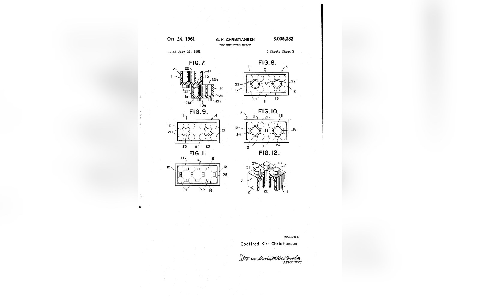 The original 1958 LEGO brick patent drawing, showing the stud-and-tube geometry in engineering-drawing line style with dimension annotations